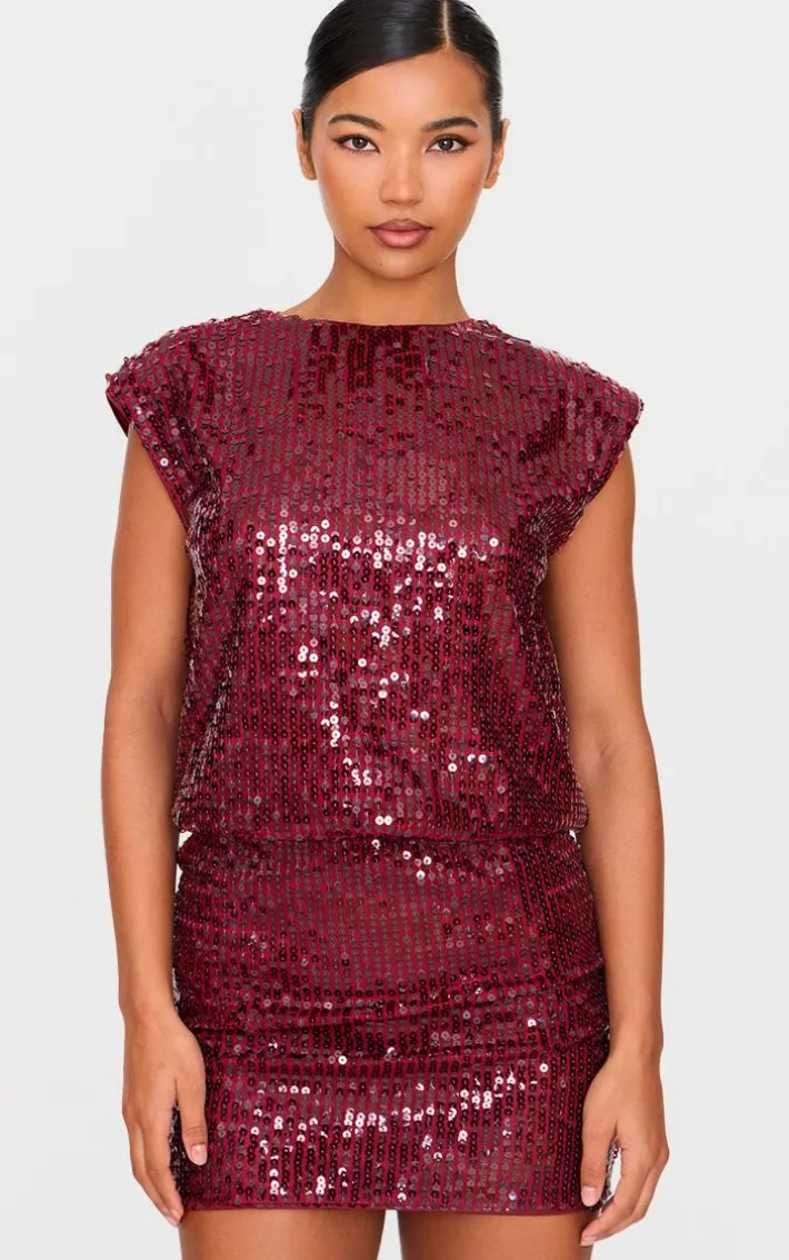 Burgundy Sequin Shoulder Pad Sleeveless Bodycon Dress