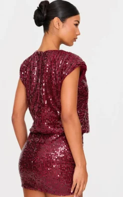 Burgundy Sequin Shoulder Pad Sleeveless Bodycon Dress