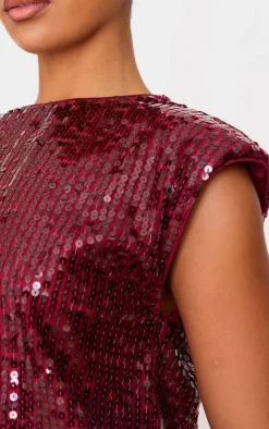 Burgundy Sequin Shoulder Pad Sleeveless Bodycon Dress