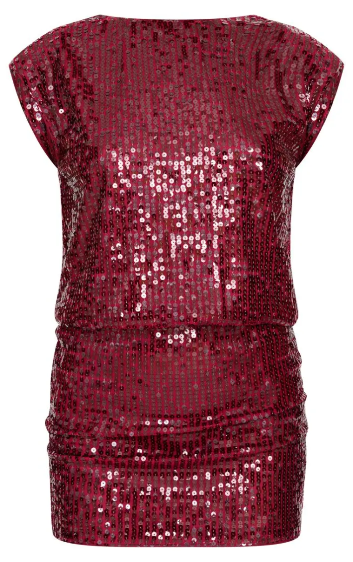Burgundy Sequin Shoulder Pad Sleeveless Bodycon Dress