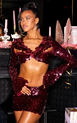 Burgundy Sequin Twist Front Long Sleeve Top