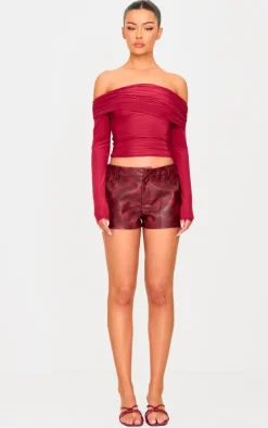 Burgundy Slinky Bardot Long Sleeve Long Top