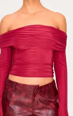Burgundy Slinky Bardot Long Sleeve Long Top