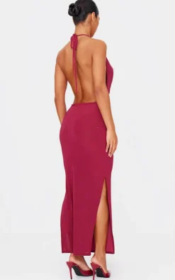 Burgundy Slinky Cowl Halterneck Maxi Dress