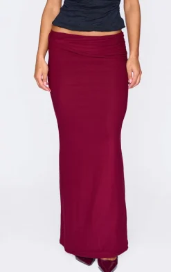 Burgundy Slinky Jersey Twisted Waist Detail Maxi Skirt