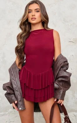 Burgundy Slinky Lace Up Back Detail Rara Skort Romper