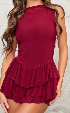 Burgundy Slinky Lace Up Back Detail Rara Skort Romper