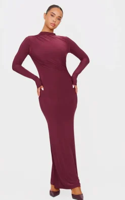Burgundy Slinky Long Sleeve Maxi Dress