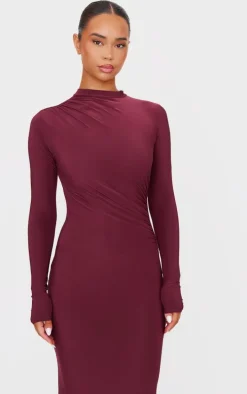 Burgundy Slinky Long Sleeve Maxi Dress