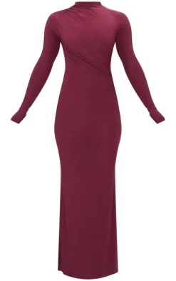 Burgundy Slinky Long Sleeve Maxi Dress