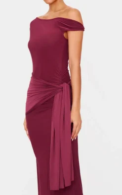 Burgundy Slinky Off Shoulder Wrap Detail Maxi Dress