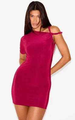 Burgundy Slinky Twist Shoulder Bodycon Dress
