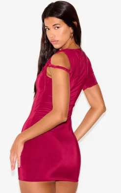 Burgundy Slinky Twist Shoulder Bodycon Dress