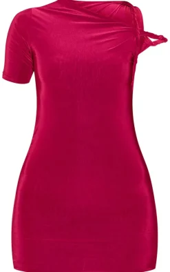 Burgundy Slinky Twist Shoulder Bodycon Dress