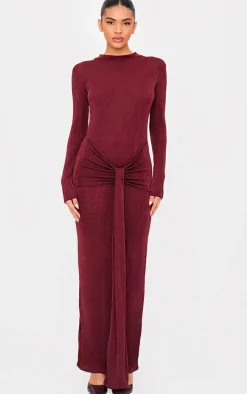 Burgundy Slinky Wrap Maxi Dress