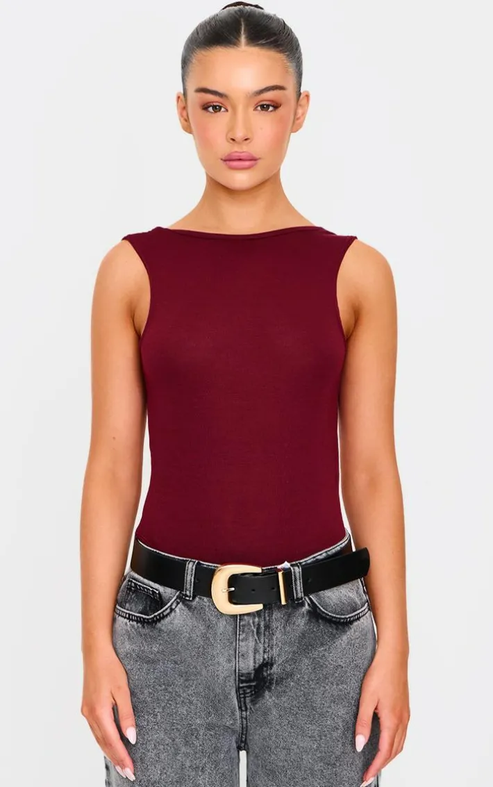 Burgundy Soft Jersey Open Back Bodysuit