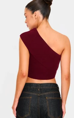 Burgundy Soft Rib Knit One Shoulder Fold Over Crop Top