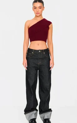 Burgundy Soft Rib Knit One Shoulder Fold Over Crop Top