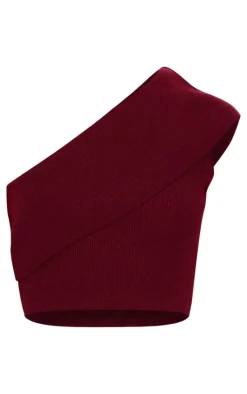 Burgundy Soft Rib Knit One Shoulder Fold Over Crop Top