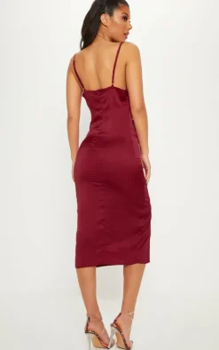 Burgundy Strappy Satin Cowl Midi Dress