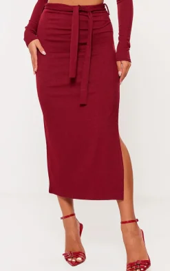 Burgundy Stretch Rib Tie Waist Midaxi Skirt