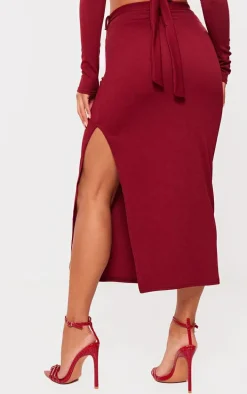 Burgundy Stretch Rib Tie Waist Midaxi Skirt