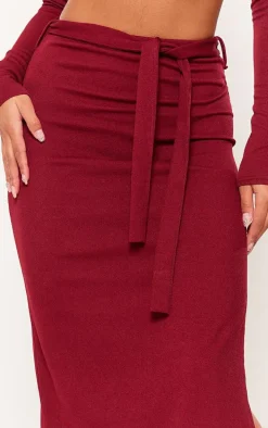 Burgundy Stretch Rib Tie Waist Midaxi Skirt