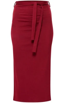 Burgundy Stretch Rib Tie Waist Midaxi Skirt