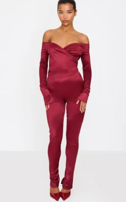 Burgundy Stretch Satin Cross Front Bardot Split Hem Jumpsuit