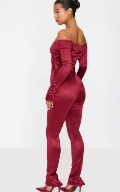 Burgundy Stretch Satin Cross Front Bardot Split Hem Jumpsuit