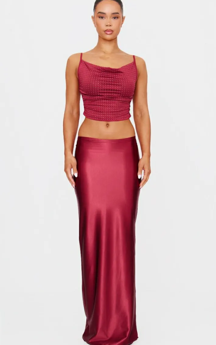 Burgundy Stretch Satin Split Side Maxi Skirt