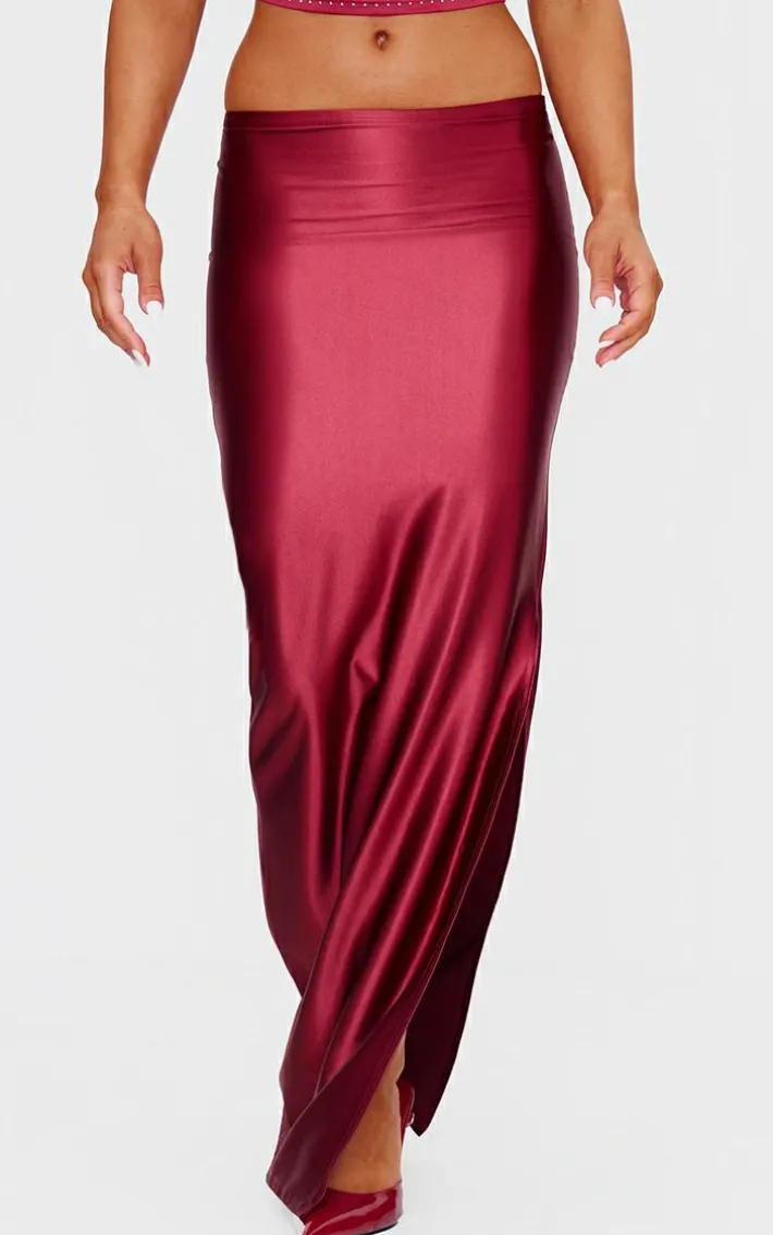 Burgundy Stretch Satin Split Side Maxi Skirt