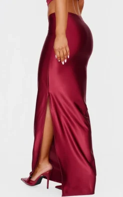 Burgundy Stretch Satin Split Side Maxi Skirt