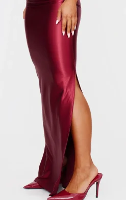 Burgundy Stretch Satin Split Side Maxi Skirt