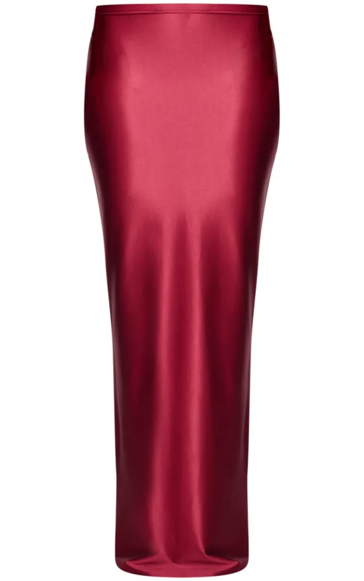Burgundy Stretch Satin Split Side Maxi Skirt