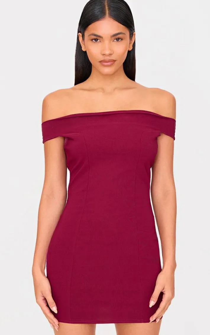 Burgundy Stretch Woven Bardot Bodycon Dress