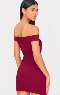 Burgundy Stretch Woven Bardot Bodycon Dress