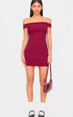 Burgundy Stretch Woven Bardot Bodycon Dress