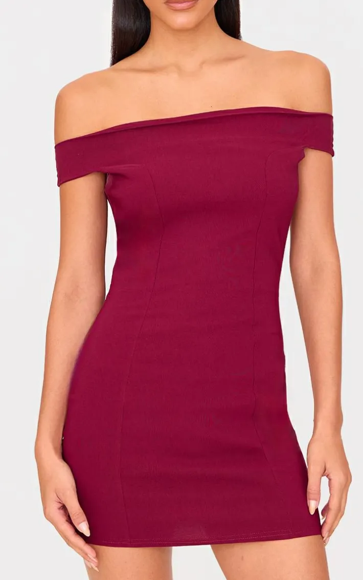 Burgundy Stretch Woven Bardot Bodycon Dress