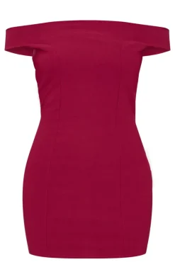 Burgundy Stretch Woven Bardot Bodycon Dress