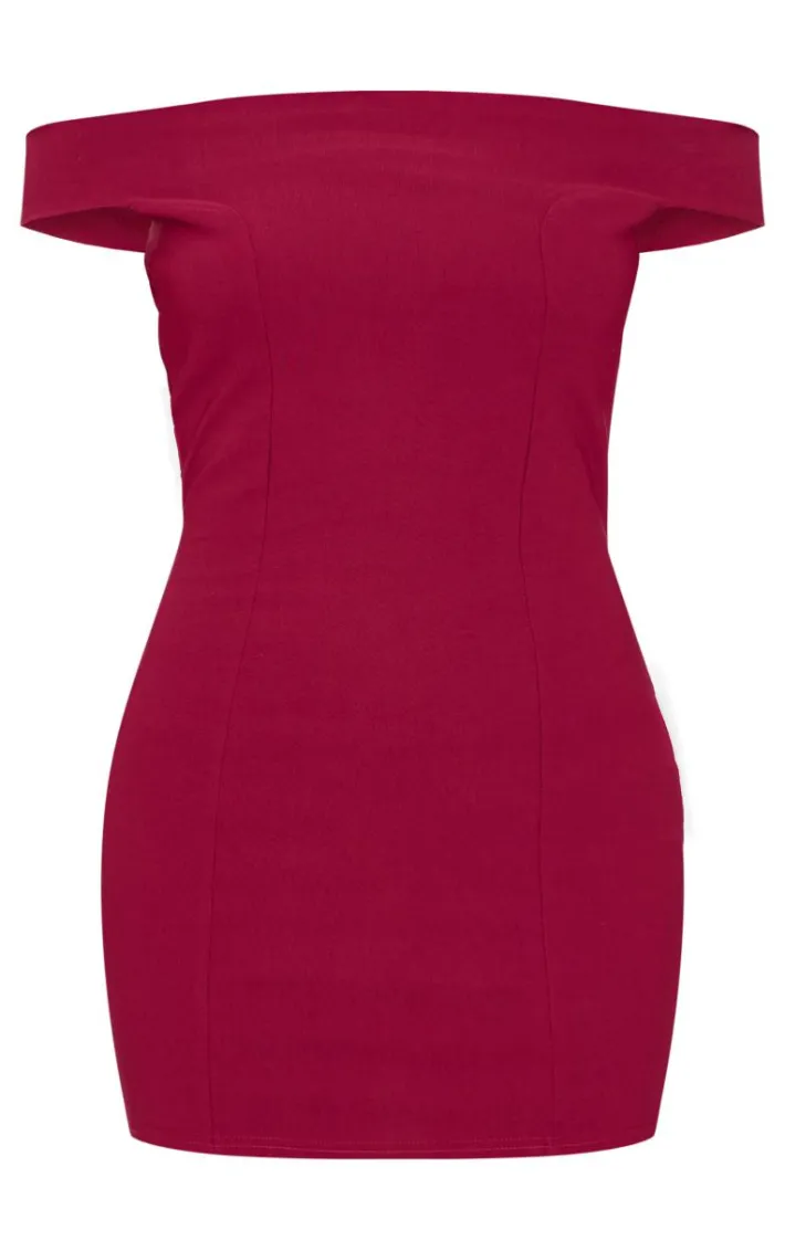 Burgundy Stretch Woven Bardot Bodycon Dress