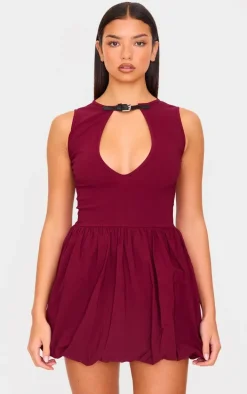 Burgundy Stretch Woven Belted Puffball Mini Dress