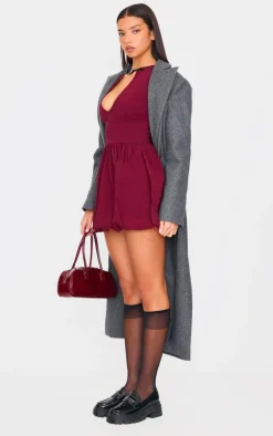 Burgundy Stretch Woven Belted Puffball Mini Dress
