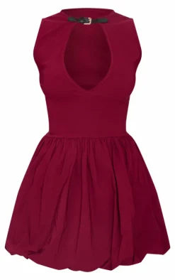 Burgundy Stretch Woven Belted Puffball Mini Dress