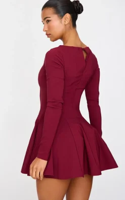 Burgundy Stretch Woven Boat Neck Long Sleeve Pleated Shift Dress
