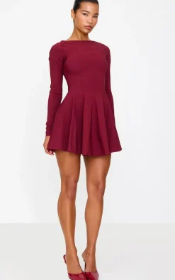 Burgundy Stretch Woven Boat Neck Long Sleeve Pleated Shift Dress