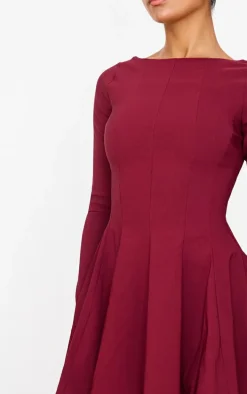 Burgundy Stretch Woven Boat Neck Long Sleeve Pleated Shift Dress