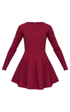 Burgundy Stretch Woven Boat Neck Long Sleeve Pleated Shift Dress