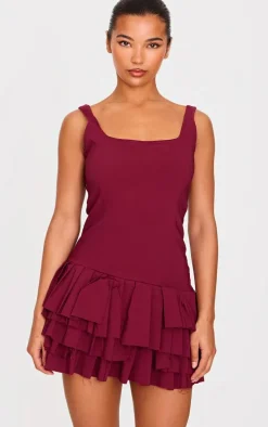 Burgundy Stretch Woven Extreme Pleated Shift Dress
