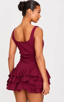Burgundy Stretch Woven Extreme Pleated Shift Dress
